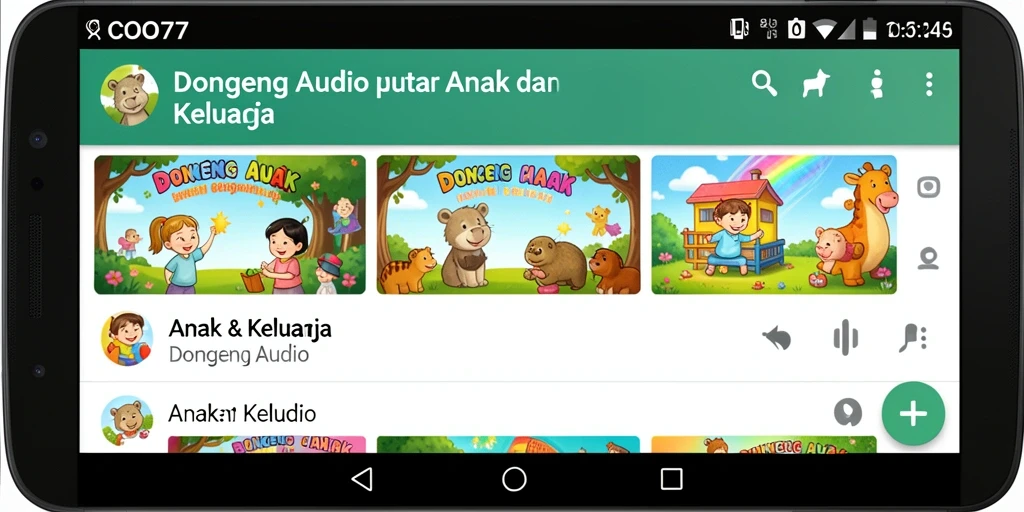 Antarmuka aplikasi COO77 yang menarik untuk Dongeng Audio.