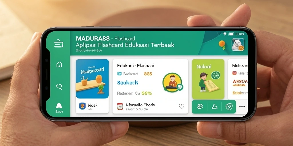 Tampilan antarmuka pengguna aplikasi Flashcard MADURA88 yang menarik dan interaktif.